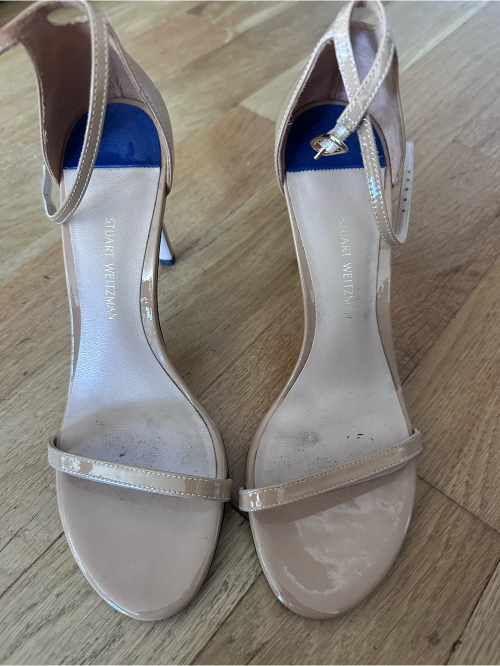 Stuart Weitzman Nudist Patent Leather Ankle-Strap Heels - size 7.5